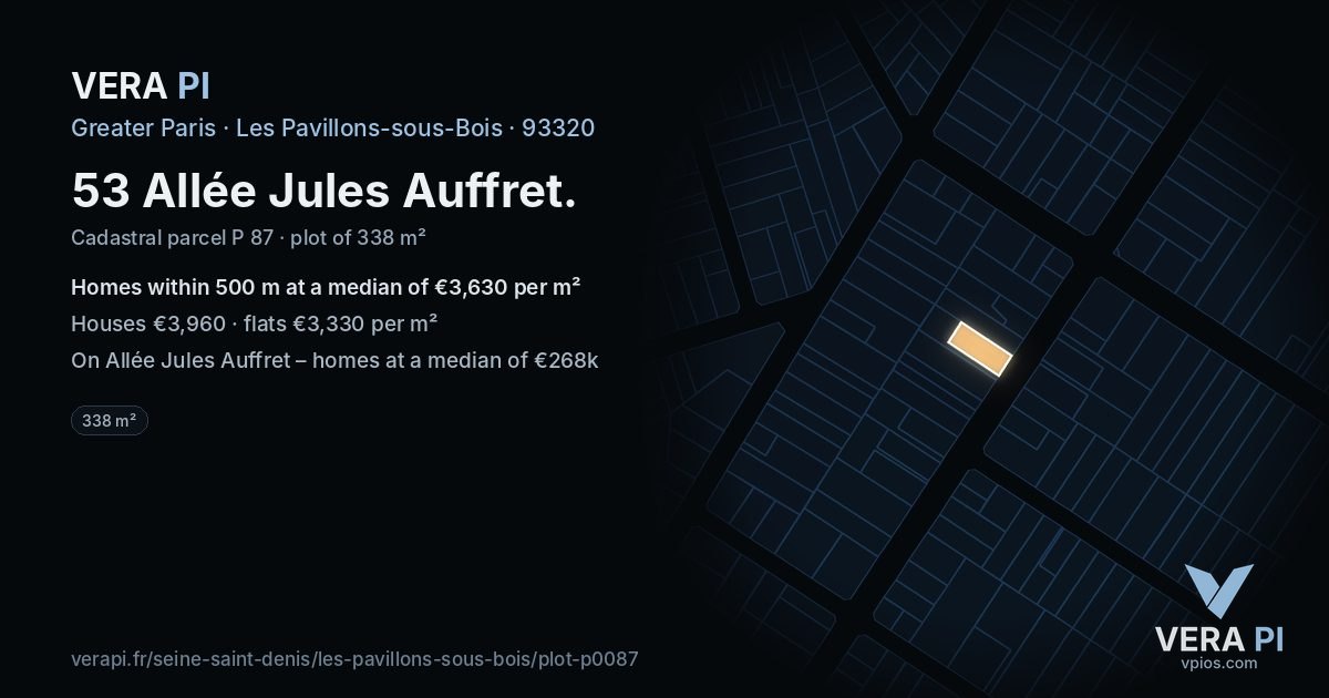 53 Allée Jules Auffret, Les Pavillons-sous-Bois at night – the plot lit, the parcels around coloured by the prices near them