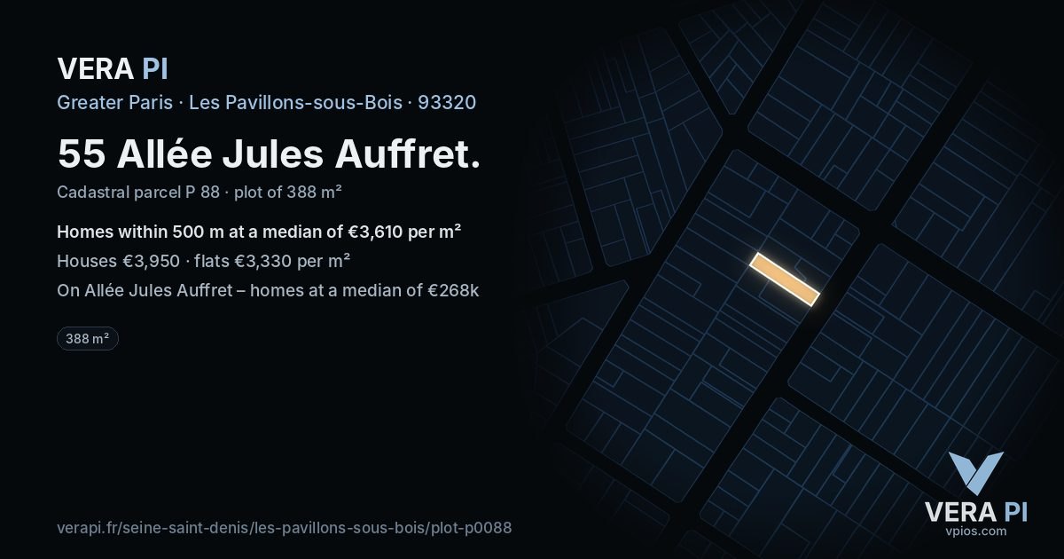 55 Allée Jules Auffret, Les Pavillons-sous-Bois at night – the plot lit, the parcels around coloured by the prices near them