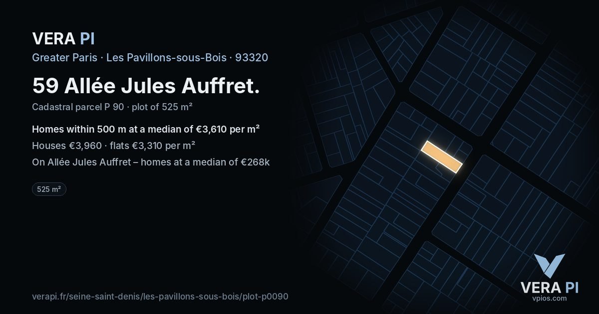 59 Allée Jules Auffret, Les Pavillons-sous-Bois at night – the plot lit, the parcels around coloured by the prices near them