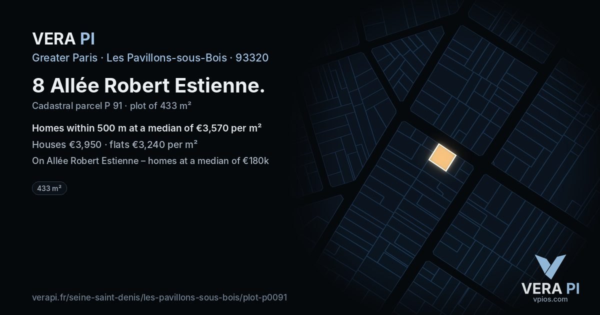 8 Allée Robert Estienne, Les Pavillons-sous-Bois at night – the plot lit, the parcels around coloured by the prices near them