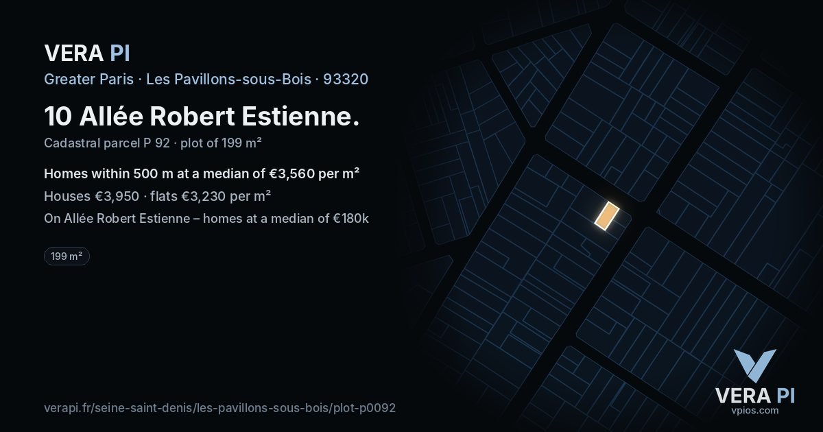10 Allée Robert Estienne, Les Pavillons-sous-Bois at night – the plot lit, the parcels around coloured by the prices near them