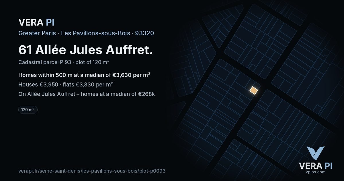 61 Allée Jules Auffret, Les Pavillons-sous-Bois at night – the plot lit, the parcels around coloured by the prices near them