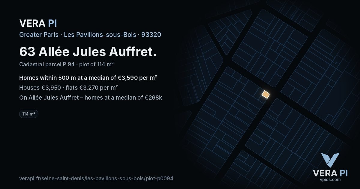 63 Allée Jules Auffret, Les Pavillons-sous-Bois at night – the plot lit, the parcels around coloured by the prices near them