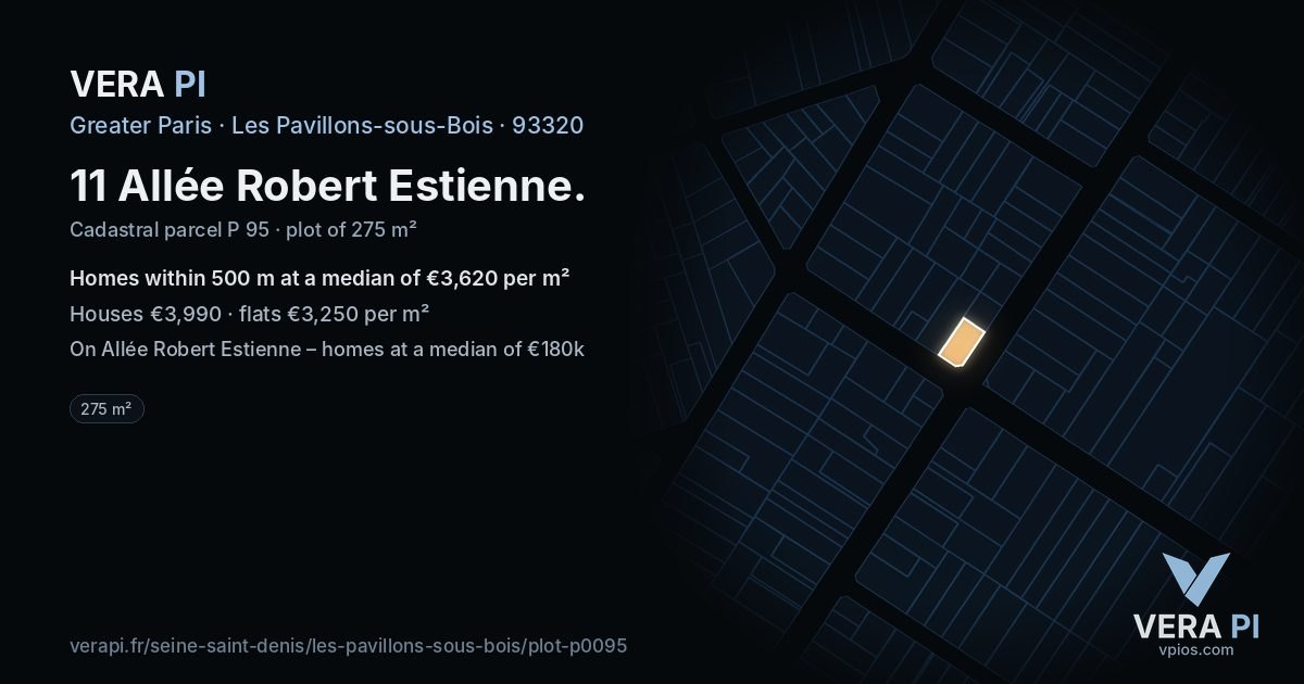 11 Allée Robert Estienne, Les Pavillons-sous-Bois at night – the plot lit, the parcels around coloured by the prices near them