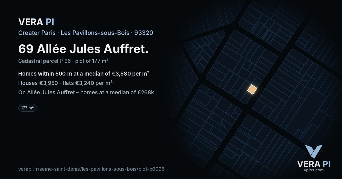 69 Allée Jules Auffret, Les Pavillons-sous-Bois at night – the plot lit, the parcels around coloured by the prices near them