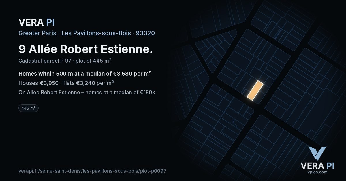 9 Allée Robert Estienne, Les Pavillons-sous-Bois at night – the plot lit, the parcels around coloured by the prices near them