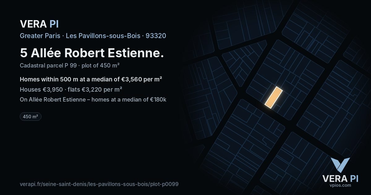 5 Allée Robert Estienne, Les Pavillons-sous-Bois at night – the plot lit, the parcels around coloured by the prices near them