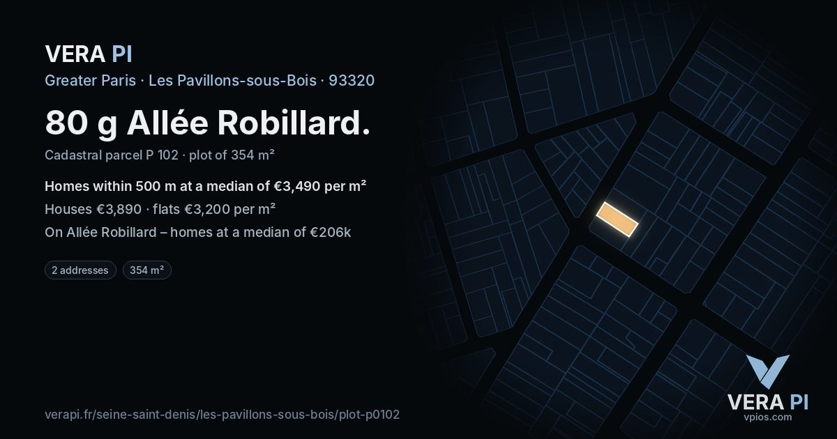 80 g Allée Robillard, Les Pavillons-sous-Bois at night – the plot lit, the parcels around coloured by the prices near them