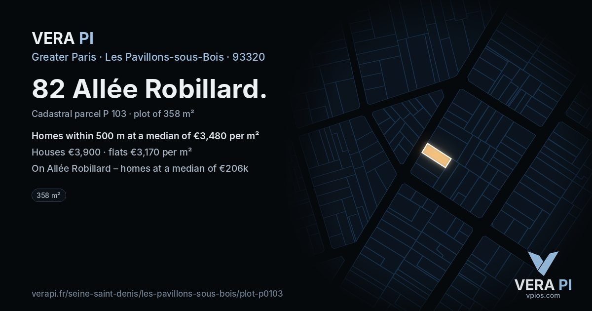 82 Allée Robillard, Les Pavillons-sous-Bois at night – the plot lit, the parcels around coloured by the prices near them