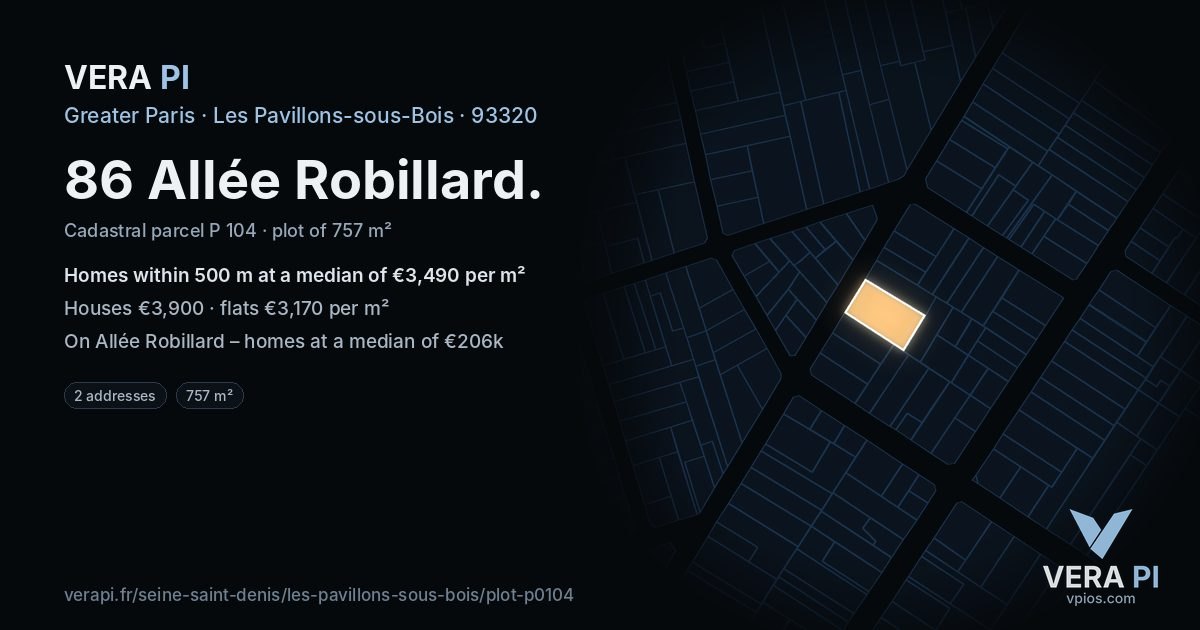 86 Allée Robillard, Les Pavillons-sous-Bois at night – the plot lit, the parcels around coloured by the prices near them