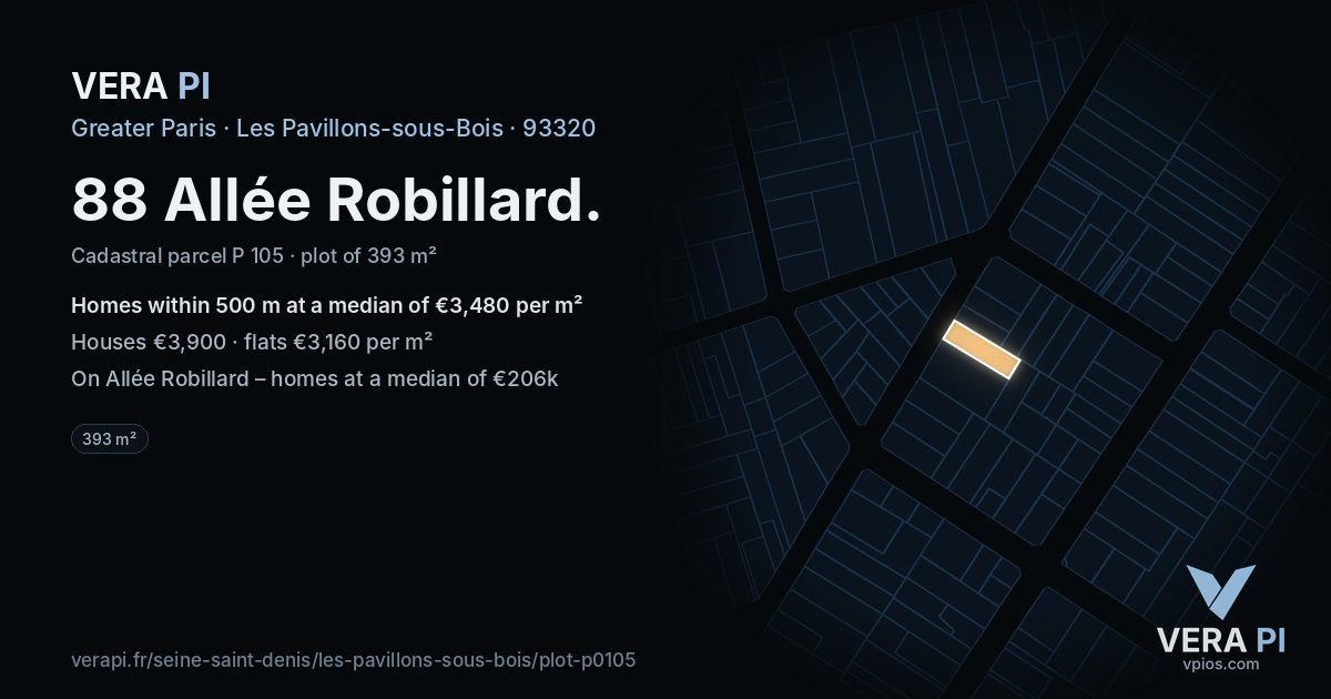 88 Allée Robillard, Les Pavillons-sous-Bois at night – the plot lit, the parcels around coloured by the prices near them