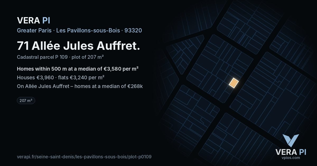 71 Allée Jules Auffret, Les Pavillons-sous-Bois at night – the plot lit, the parcels around coloured by the prices near them