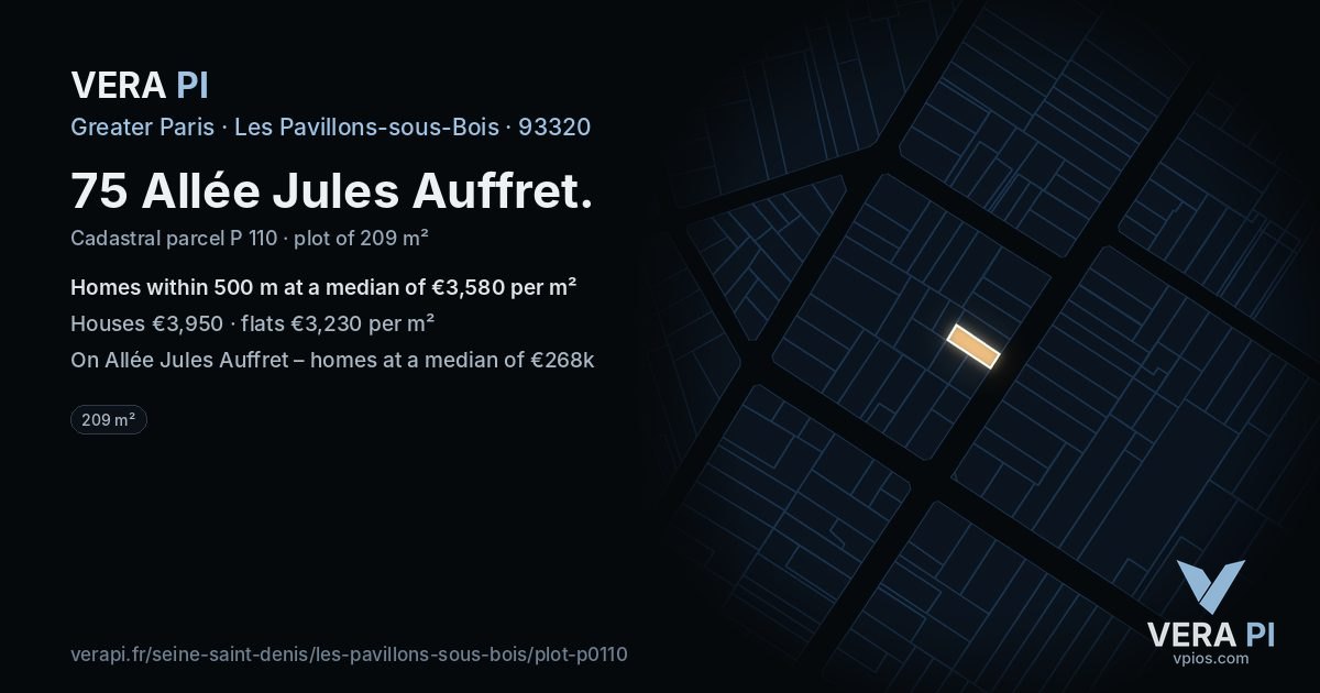 75 Allée Jules Auffret, Les Pavillons-sous-Bois at night – the plot lit, the parcels around coloured by the prices near them