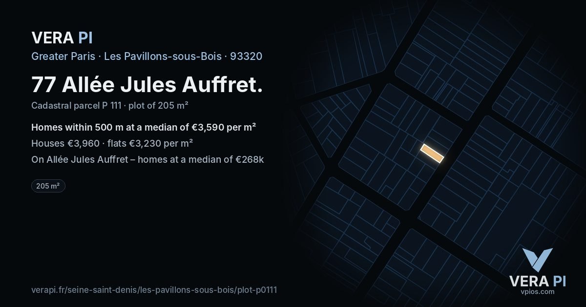 77 Allée Jules Auffret, Les Pavillons-sous-Bois at night – the plot lit, the parcels around coloured by the prices near them