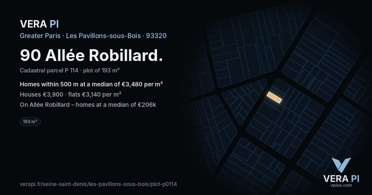 90 Allée Robillard, Les Pavillons-sous-Bois at night – the plot lit, the parcels around coloured by the prices near them