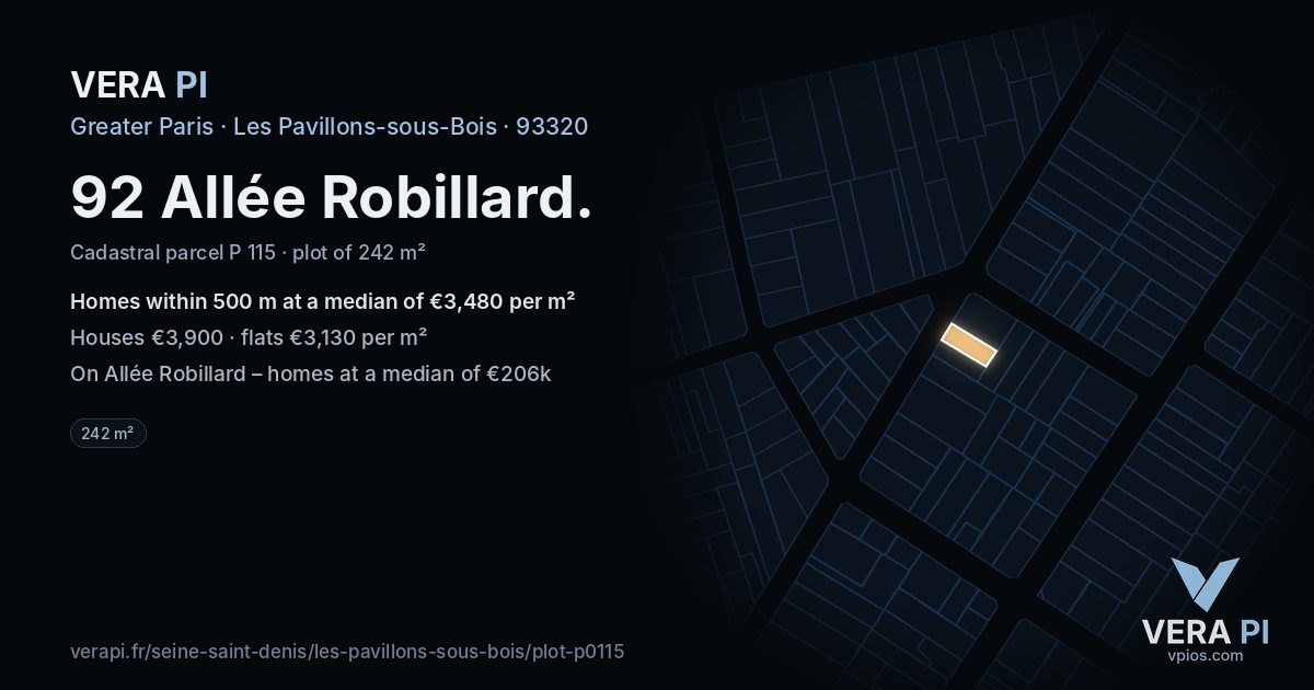 92 Allée Robillard, Les Pavillons-sous-Bois at night – the plot lit, the parcels around coloured by the prices near them