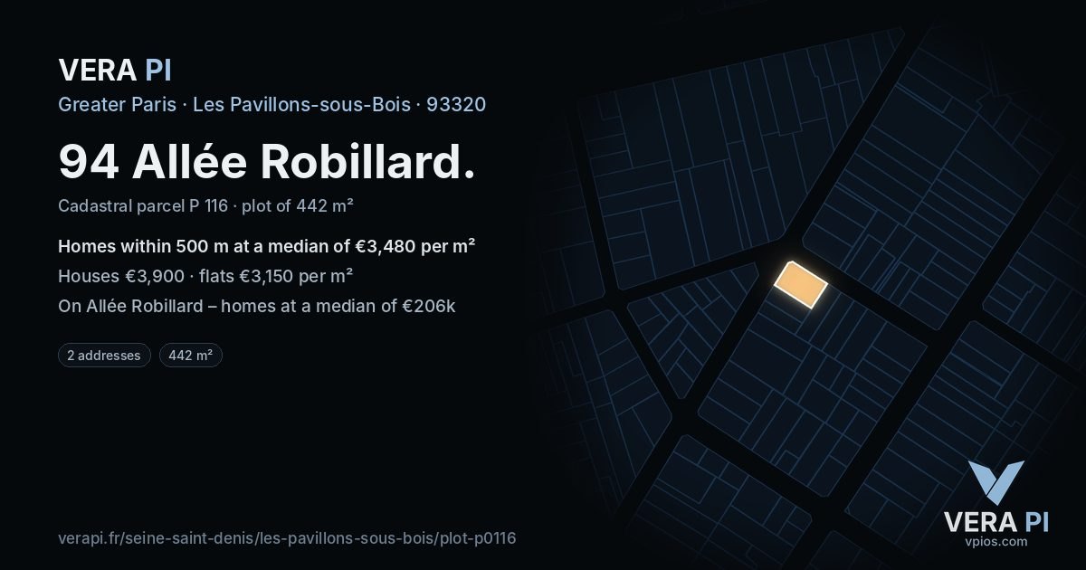 94 Allée Robillard, Les Pavillons-sous-Bois at night – the plot lit, the parcels around coloured by the prices near them