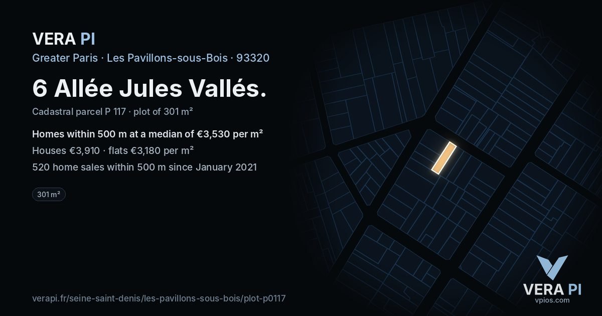 6 Allée Jules Vallés, Les Pavillons-sous-Bois at night – the plot lit, the parcels around coloured by the prices near them