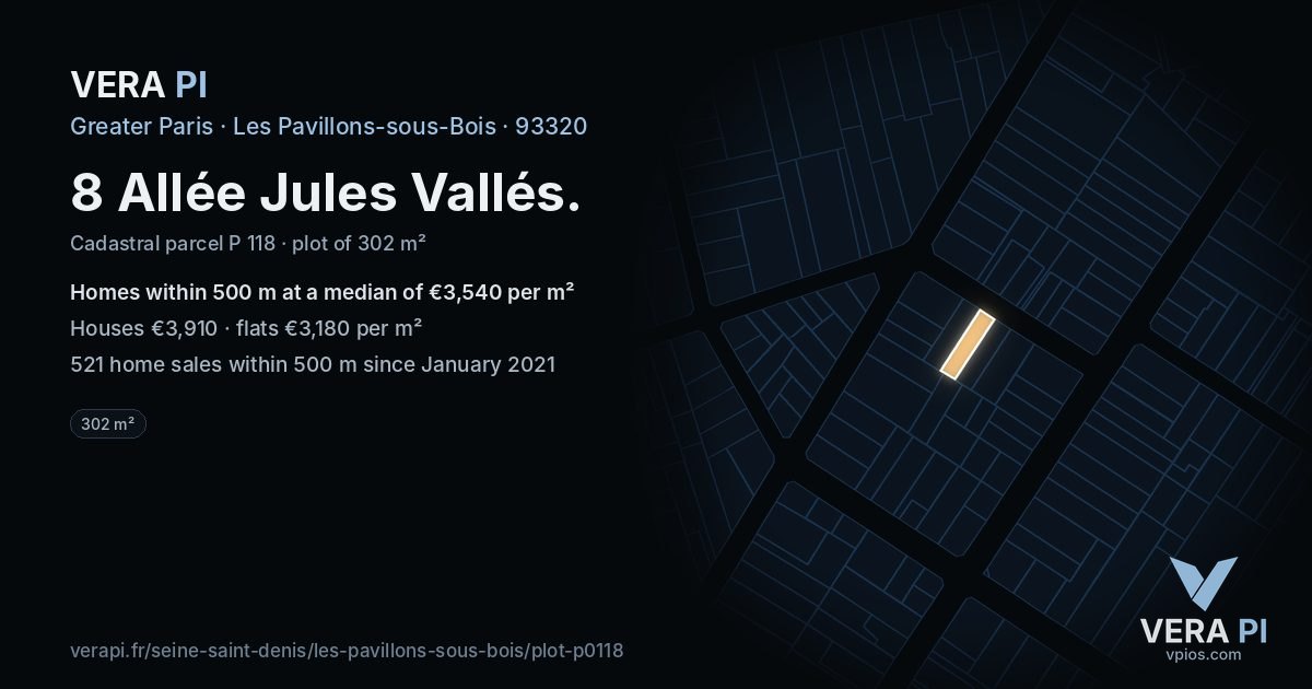 8 Allée Jules Vallés, Les Pavillons-sous-Bois at night – the plot lit, the parcels around coloured by the prices near them