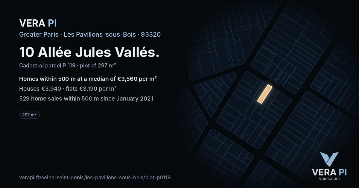 10 Allée Jules Vallés, Les Pavillons-sous-Bois at night – the plot lit, the parcels around coloured by the prices near them