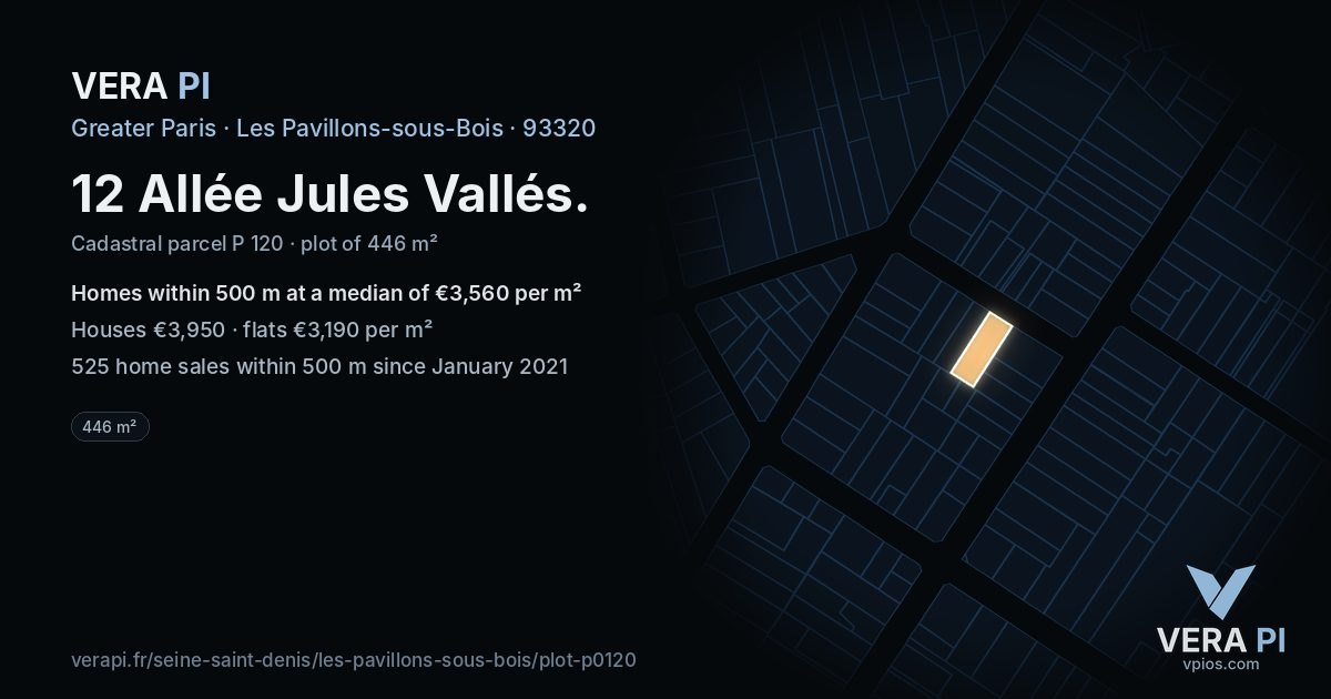 12 Allée Jules Vallés, Les Pavillons-sous-Bois at night – the plot lit, the parcels around coloured by the prices near them