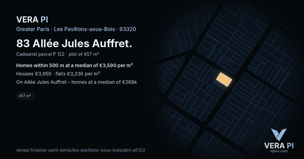 83 Allée Jules Auffret, Les Pavillons-sous-Bois at night – the plot lit, the parcels around coloured by the prices near them