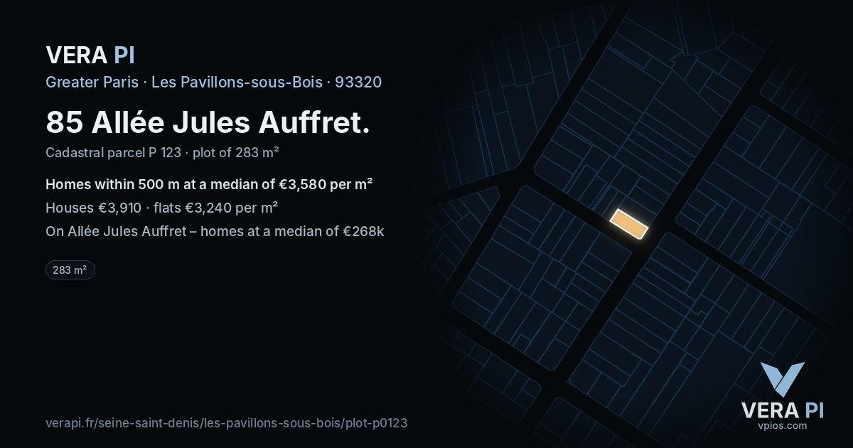 85 Allée Jules Auffret, Les Pavillons-sous-Bois at night – the plot lit, the parcels around coloured by the prices near them