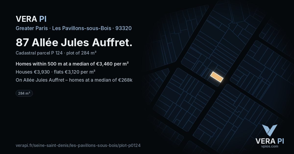 87 Allée Jules Auffret, Les Pavillons-sous-Bois at night – the plot lit, the parcels around coloured by the prices near them