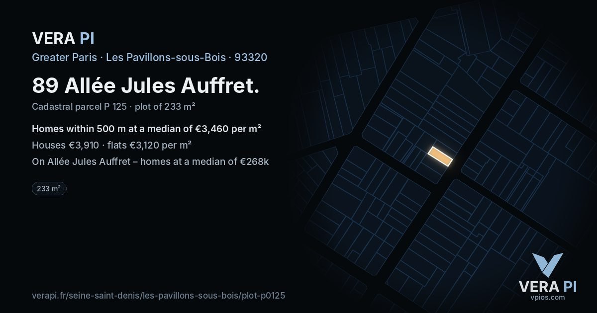 89 Allée Jules Auffret, Les Pavillons-sous-Bois at night – the plot lit, the parcels around coloured by the prices near them