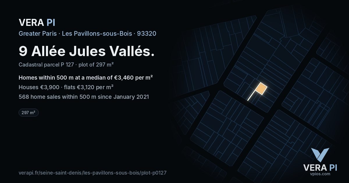 9 Allée Jules Vallés, Les Pavillons-sous-Bois at night – the plot lit, the parcels around coloured by the prices near them