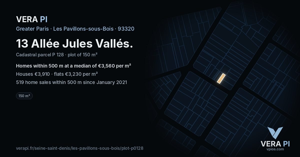 13 Allée Jules Vallés, Les Pavillons-sous-Bois at night – the plot lit, the parcels around coloured by the prices near them