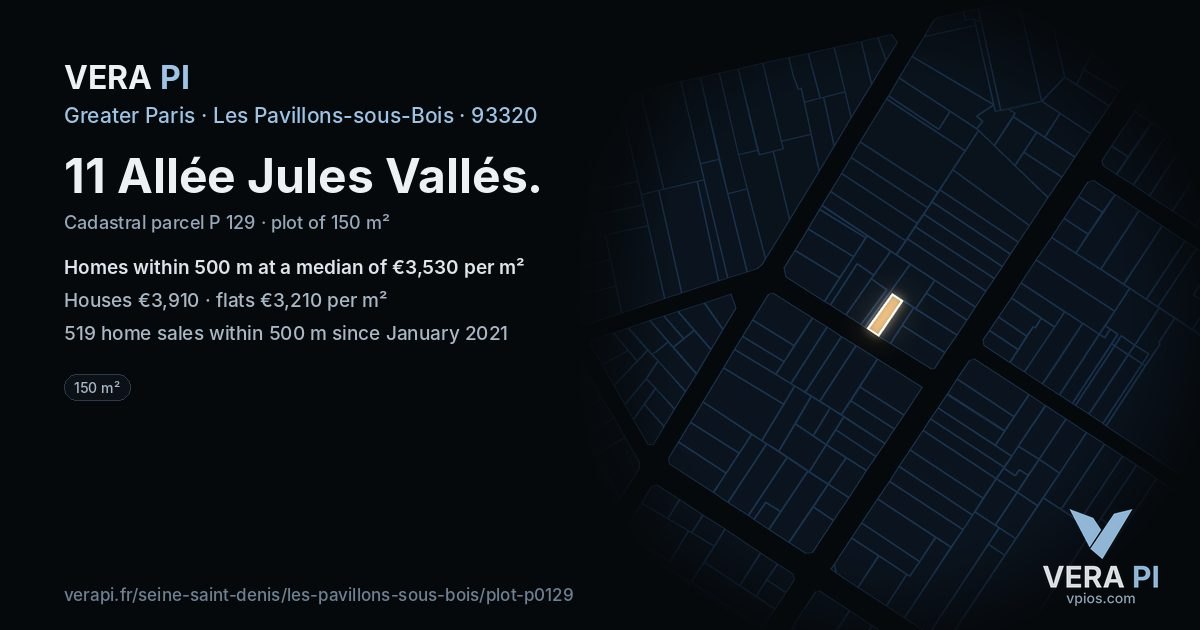 11 Allée Jules Vallés, Les Pavillons-sous-Bois at night – the plot lit, the parcels around coloured by the prices near them