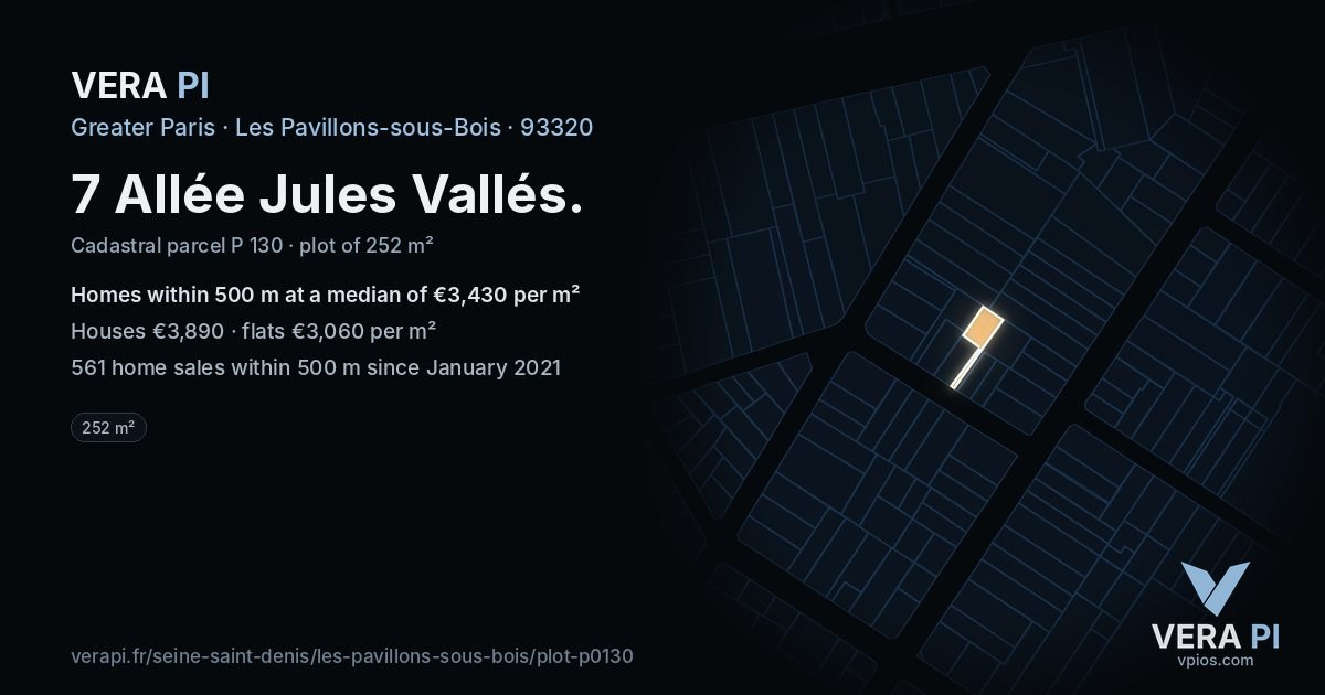 7 Allée Jules Vallés, Les Pavillons-sous-Bois at night – the plot lit, the parcels around coloured by the prices near them