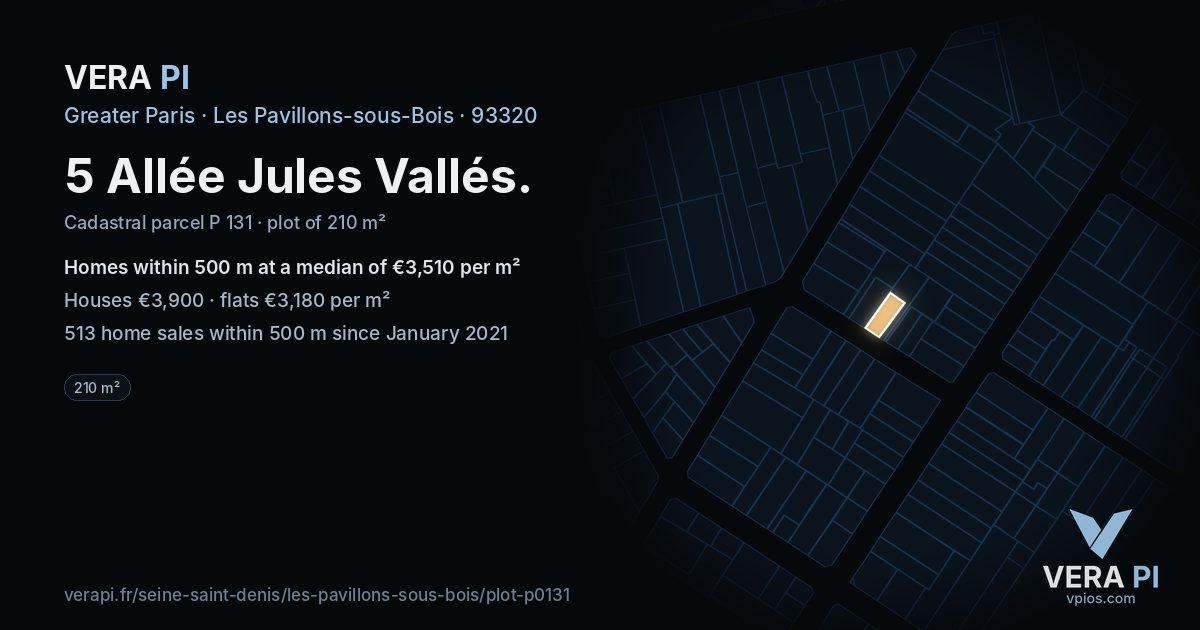 5 Allée Jules Vallés, Les Pavillons-sous-Bois at night – the plot lit, the parcels around coloured by the prices near them
