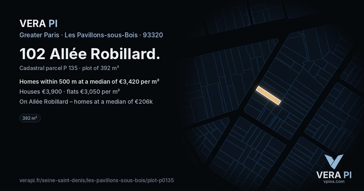 102 Allée Robillard, Les Pavillons-sous-Bois at night – the plot lit, the parcels around coloured by the prices near them