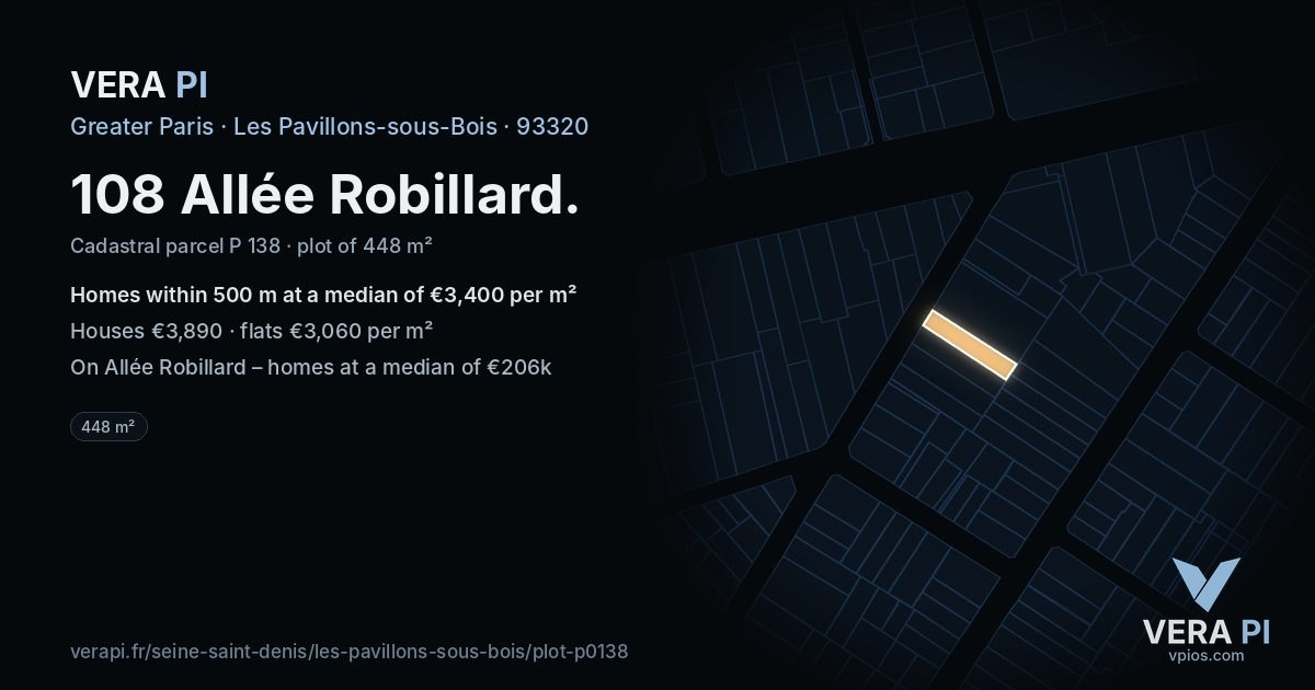 108 Allée Robillard, Les Pavillons-sous-Bois at night – the plot lit, the parcels around coloured by the prices near them
