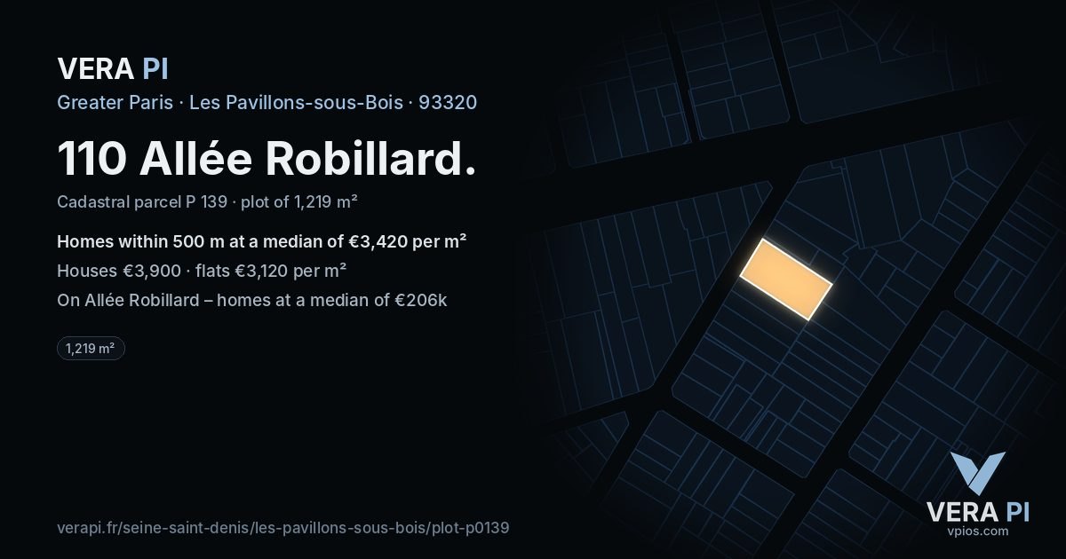 110 Allée Robillard, Les Pavillons-sous-Bois at night – the plot lit, the parcels around coloured by the prices near them