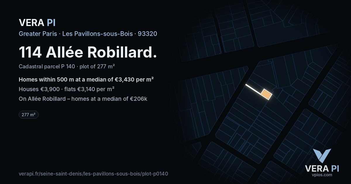 114 Allée Robillard, Les Pavillons-sous-Bois at night – the plot lit, the parcels around coloured by the prices near them