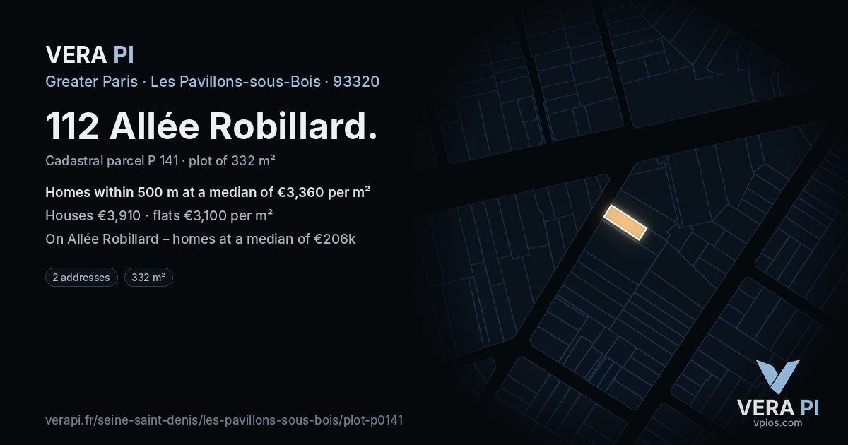 112 Allée Robillard, Les Pavillons-sous-Bois at night – the plot lit, the parcels around coloured by the prices near them