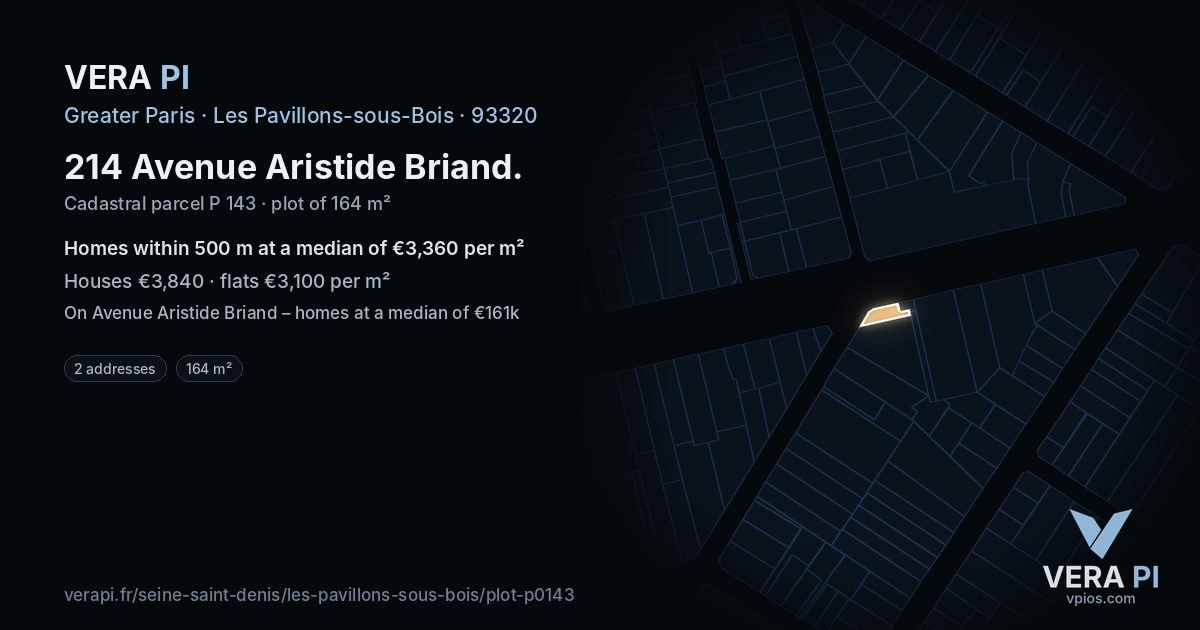 214 Avenue Aristide Briand, Les Pavillons-sous-Bois at night – the plot lit, the parcels around coloured by the prices near them