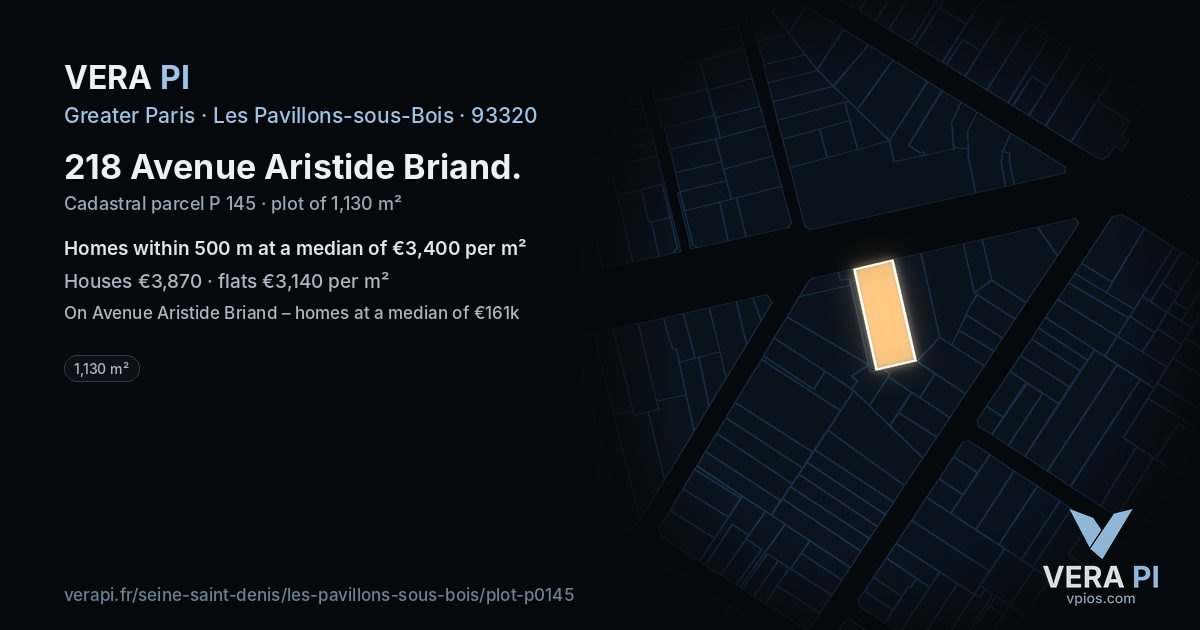 218 Avenue Aristide Briand, Les Pavillons-sous-Bois at night – the plot lit, the parcels around coloured by the prices near them