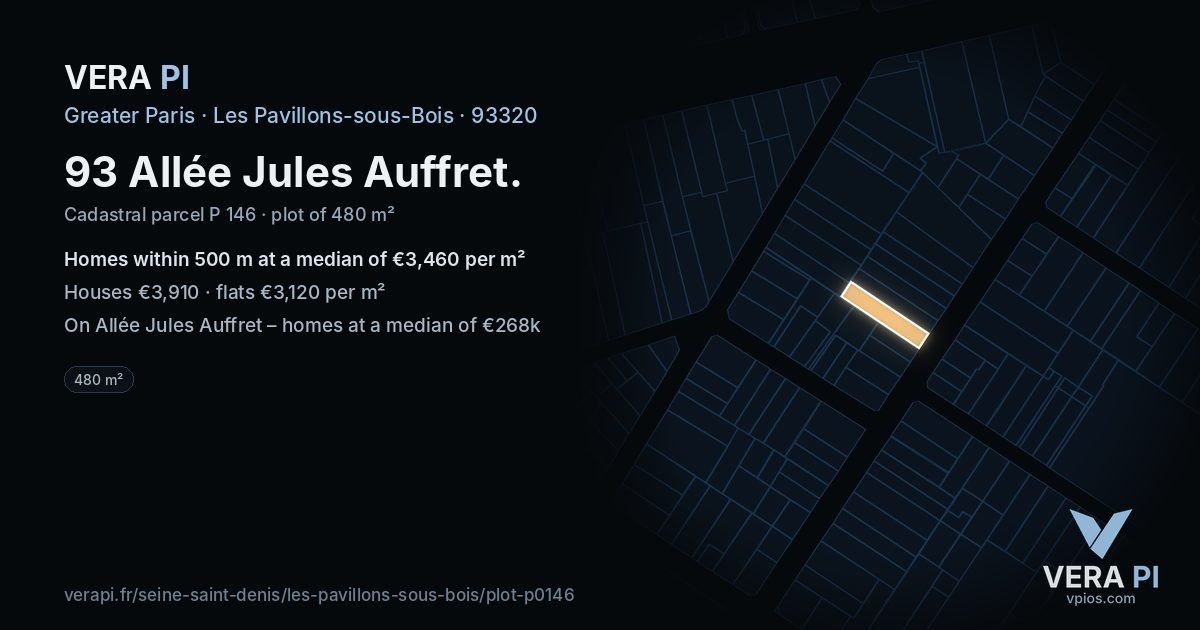 93 Allée Jules Auffret, Les Pavillons-sous-Bois at night – the plot lit, the parcels around coloured by the prices near them
