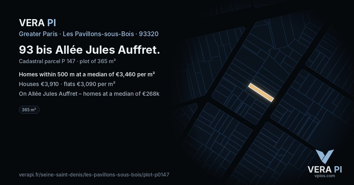 93 bis Allée Jules Auffret, Les Pavillons-sous-Bois at night – the plot lit, the parcels around coloured by the prices near them