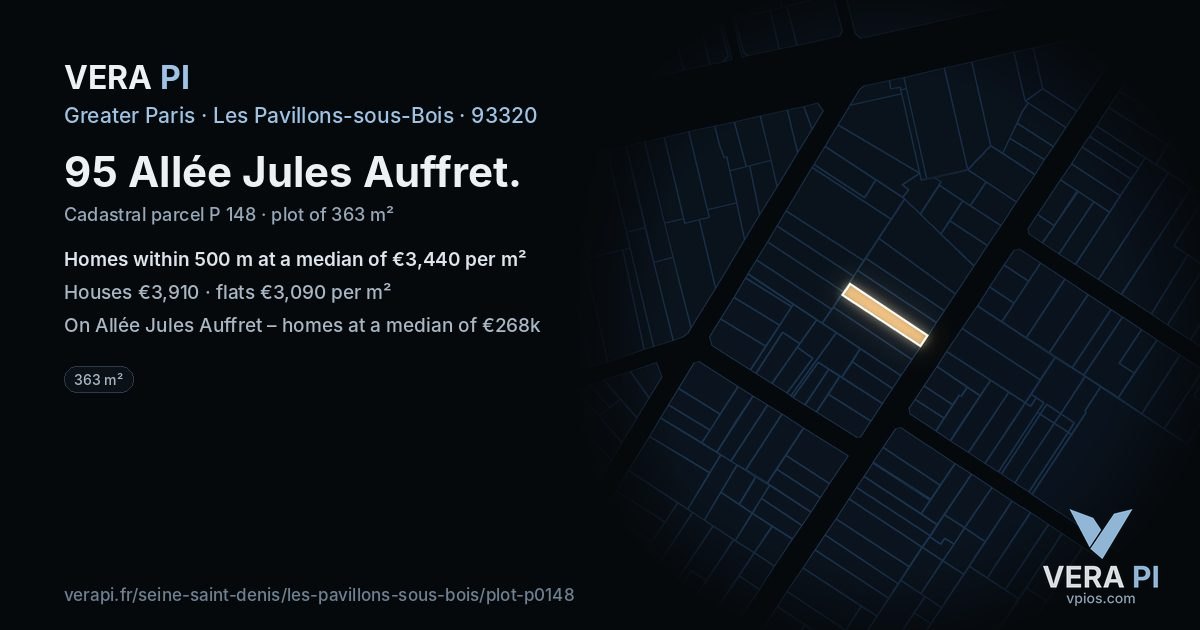 95 Allée Jules Auffret, Les Pavillons-sous-Bois at night – the plot lit, the parcels around coloured by the prices near them