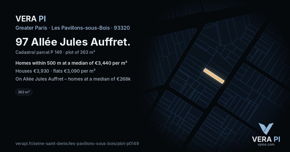 97 Allée Jules Auffret, Les Pavillons-sous-Bois at night – the plot lit, the parcels around coloured by the prices near them