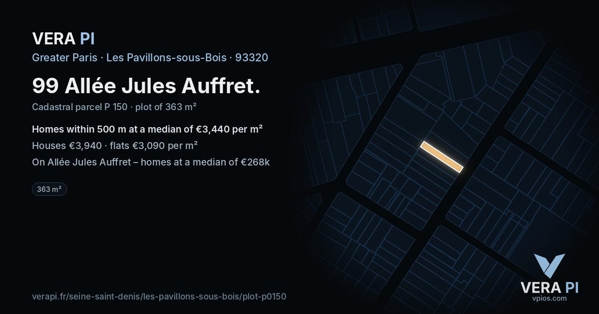 99 Allée Jules Auffret, Les Pavillons-sous-Bois at night – the plot lit, the parcels around coloured by the prices near them