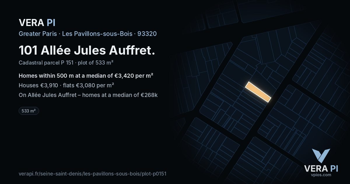 101 Allée Jules Auffret, Les Pavillons-sous-Bois at night – the plot lit, the parcels around coloured by the prices near them