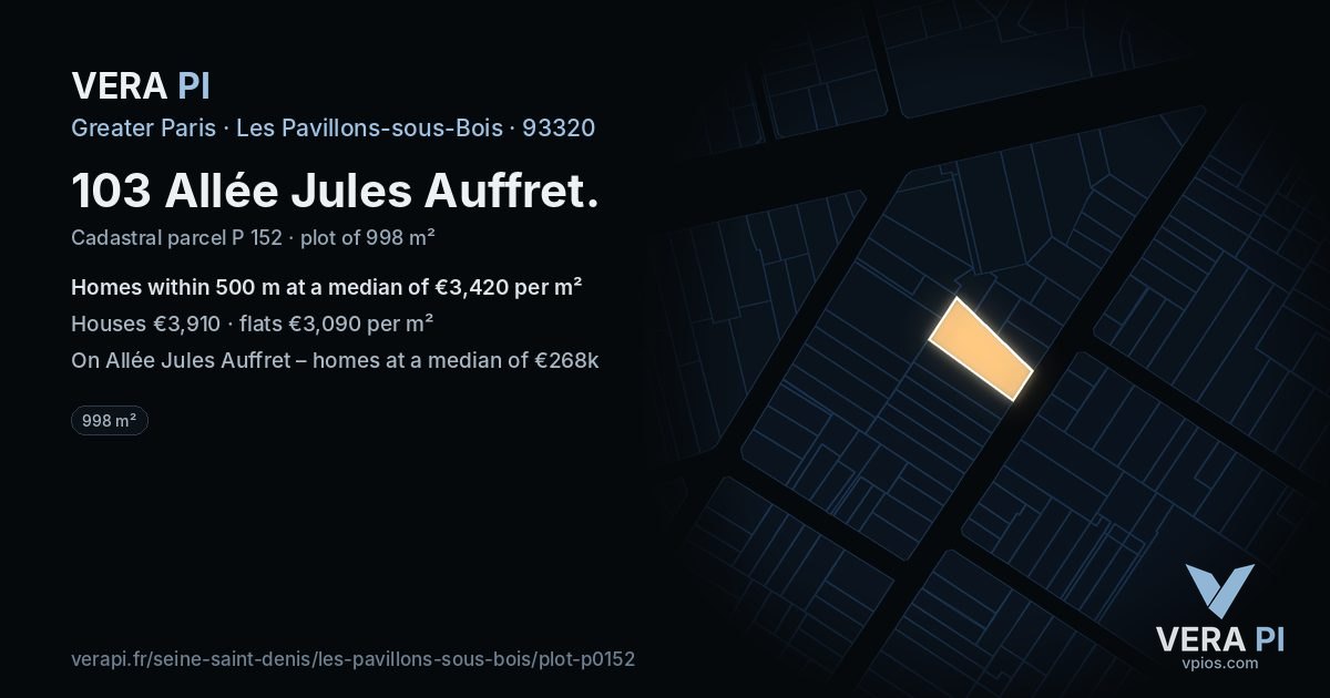 103 Allée Jules Auffret, Les Pavillons-sous-Bois at night – the plot lit, the parcels around coloured by the prices near them