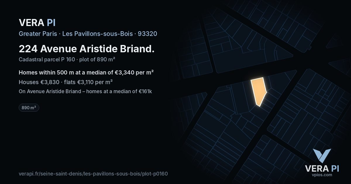 224 Avenue Aristide Briand, Les Pavillons-sous-Bois at night – the plot lit, the parcels around coloured by the prices near them