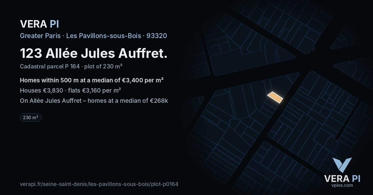 123 Allée Jules Auffret, Les Pavillons-sous-Bois at night – the plot lit, the parcels around coloured by the prices near them